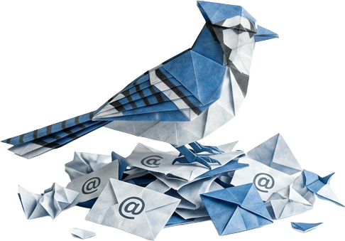 Blockjay — an origami jay guarding a pile of mail