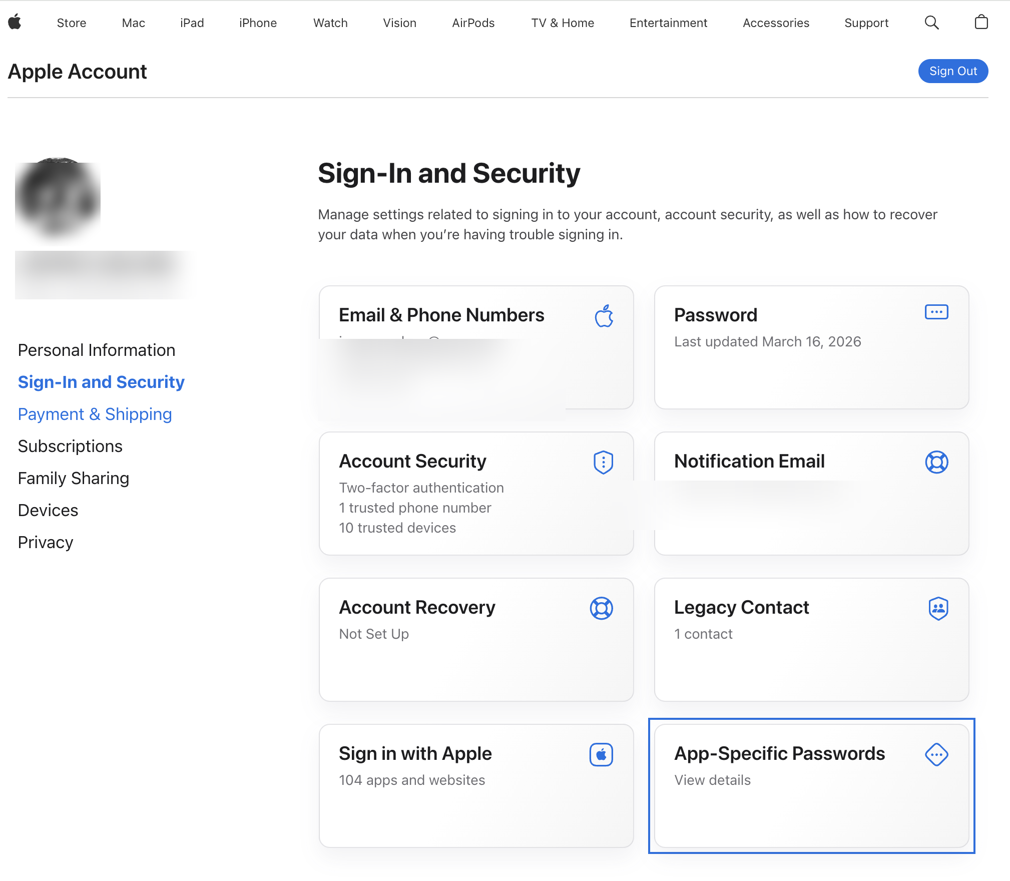 Apple Account Sign-In and Security page with the App-Specific Passwords card