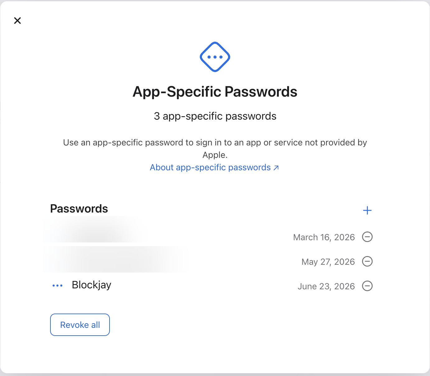 The App-Specific Passwords panel with the + button to add one