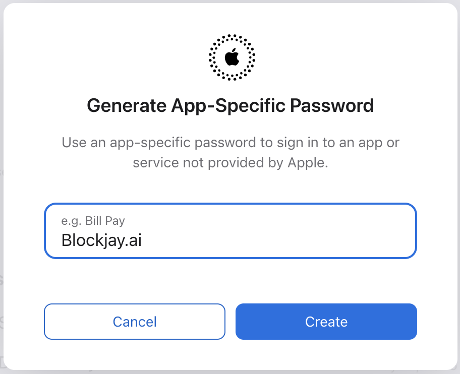 Generate App-Specific Password dialog with the name Blockjay