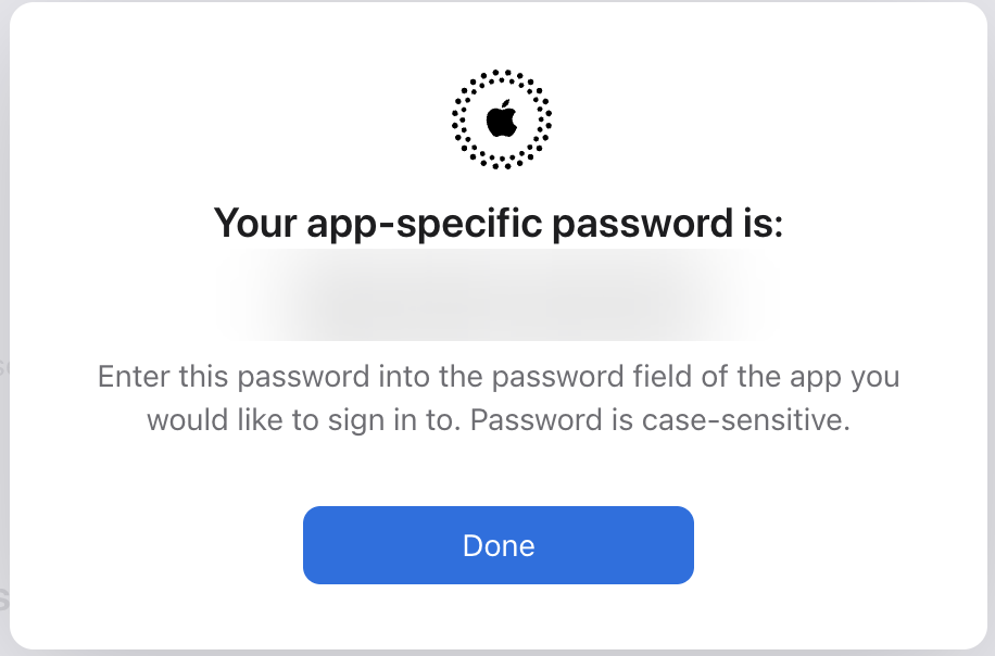 Apple showing the generated app-specific password (blurred)